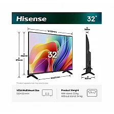 Телевизор Hisense 32" A4S, HD, DLED, DTS Virtual X, Smart TV VIDAA U7, Wi‑Fi, BT, 2x HDMI, 2x USB, DVB‑T2/C/S2, черен
