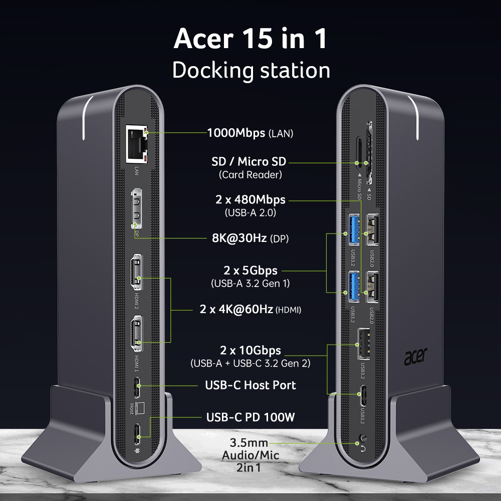 Докинг станция Acer Type‑C Universal 15in1 HDMI DP USB RJ45 четец карти сива