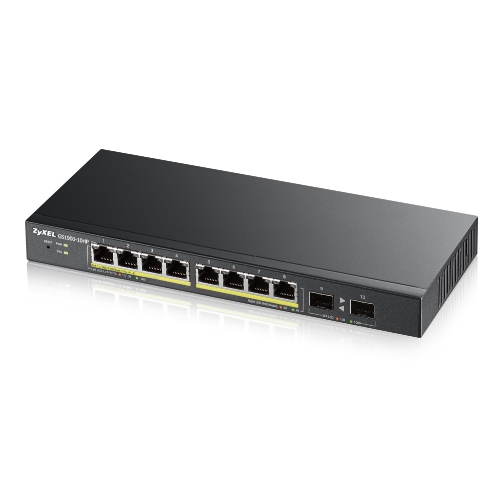 Суич ZyXEL GS1900-10HP v2, 8-port GbE L2 PoE