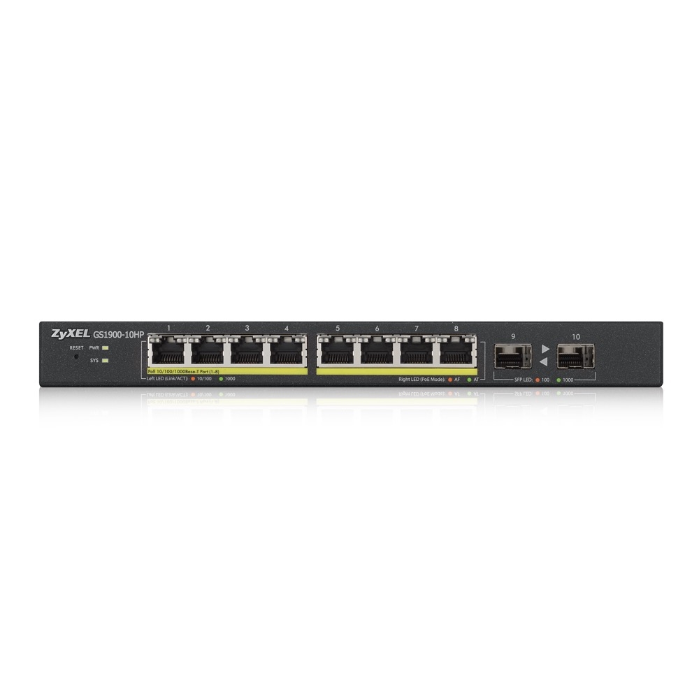 Суич ZyXEL GS1900-10HP v2, 8-port GbE L2 PoE