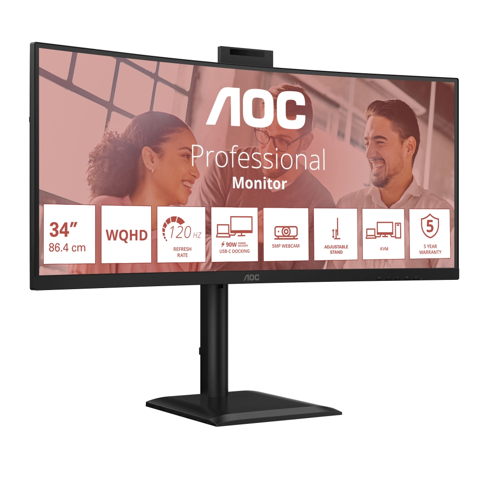 Монитор AOC CU34E4CW, 34, Curved VA, WQHD, 120Hz, 4ms, Webcam 5MP, USB Hub, KVM, RJ45, HDMI, DP