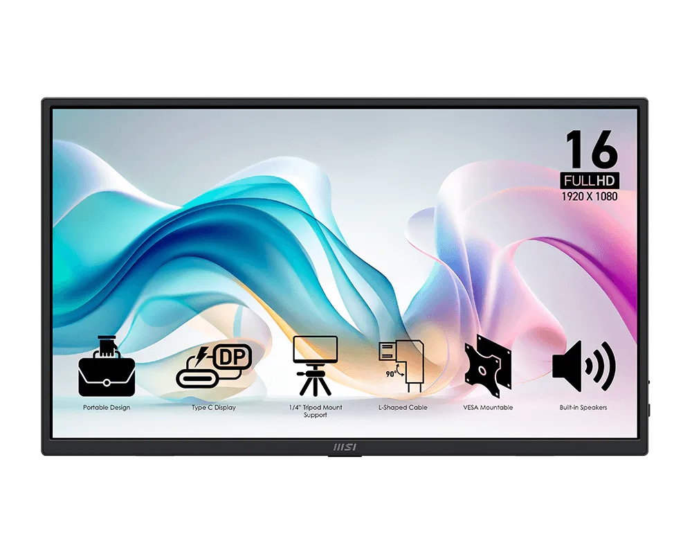 Монитор MSI PRO MP165 E6 Portable, 15.6 IPS, FHD, 60Hz, 4 ms, Type‑C, HDMI, говорители, Blackmsi+1
