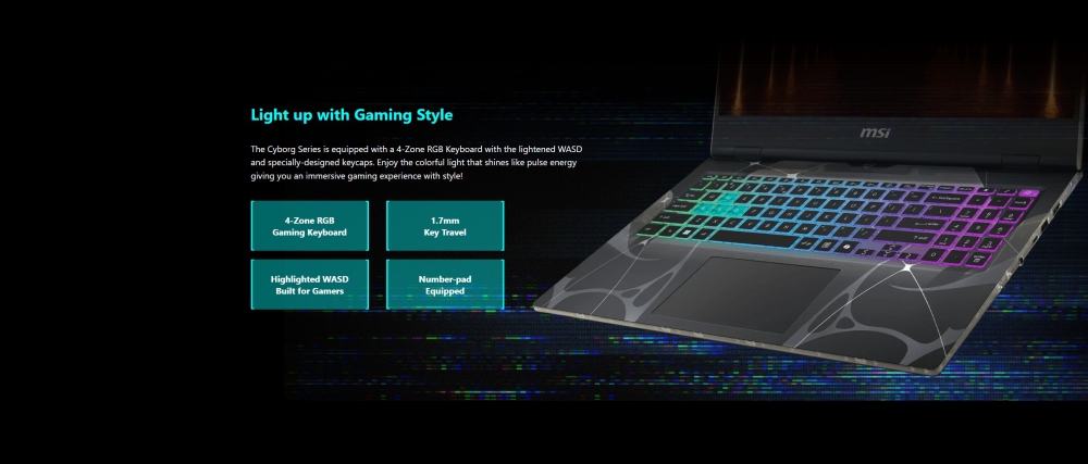 Gaming лаптоп MSI Cyborg 15 B13WFKG, i7-13620H (10C/16T, up to 4.90GHz, 24 MB), GeForce RTX 5060 8GB GDDR7 572 AI TOPS, 15.6 FHD (1920x1080), 144Hz, IPS-Level, 16GB DDR5 5200MHz, 512GB PCIe Gen4x4 SSD, WiFi 6E, BT 5.3, 4 Zone RGB Kbd, NO OS, 55.2Whr