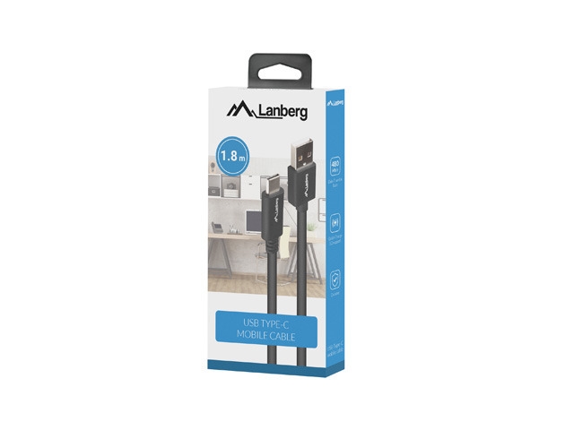 USB кабел Lanberg USB-C(M) -> USB-A(M) 2.0 cable 1.8m QC 3.0 BOX, black
