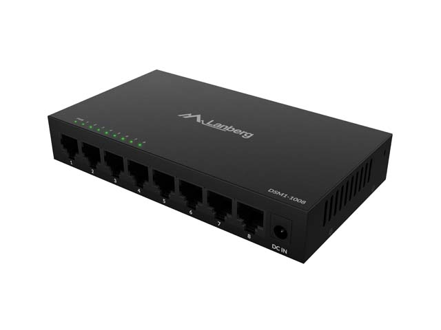 Суич Lanberg DSM1‑1008, 8‑портов Gigabit, 12V, метален корпус