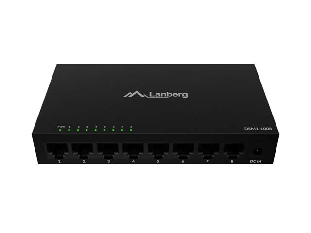 Суич Lanberg DSM1‑1008, 8‑портов Gigabit, 12V, метален корпус