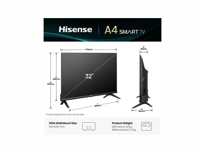 Телевизор Hisense 32 A4Q HD DLED HLG DTS Virtual X Smart TV WiFi BT VIDAA U7 черен