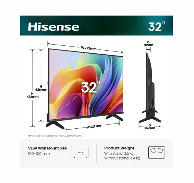 Телевизор Hisense 32 A4S, HD, DLED, DTS Virtual X, Smart TV VIDAA U7, Wi‑Fi, BT, 2x HDMI, 2x USB, DVB‑T2/C/S2, черен