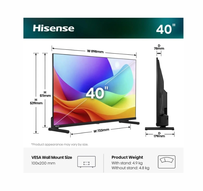 Hisense A5S TV, 40, Full HD QLED, HDR, Smart TV, Wi‑Fi, 2x HDMI, 2x USB, black