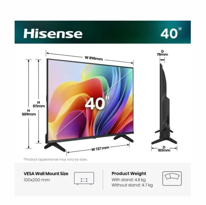 Телевизор Hisense 40 A4S, Full HD DLED, HDR, DTS HD, Smart TV, Wi‑Fi, 2x HDMI, 2x USB, DVB‑T2/C/S2, черен