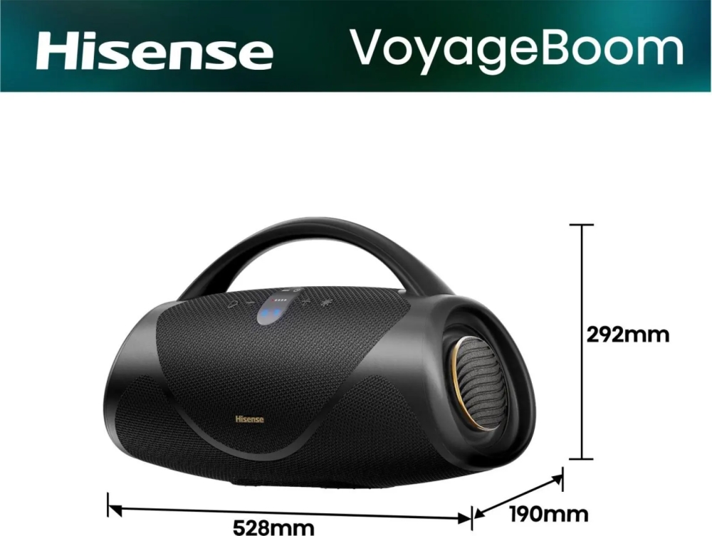 Hisense VoyageBoom Bluetooth speaker, 360W, up to 24 h, IP67, power bank, bass boost, black