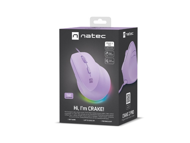 Mouse Natec Vertical Mouse Crake 2 Pro Optical12800DPI Pure Lavender