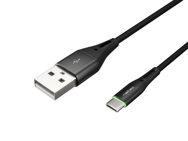 Cable Natec USB-C(M) -> USB-A (M) 2.0 1m. Black LED nylon