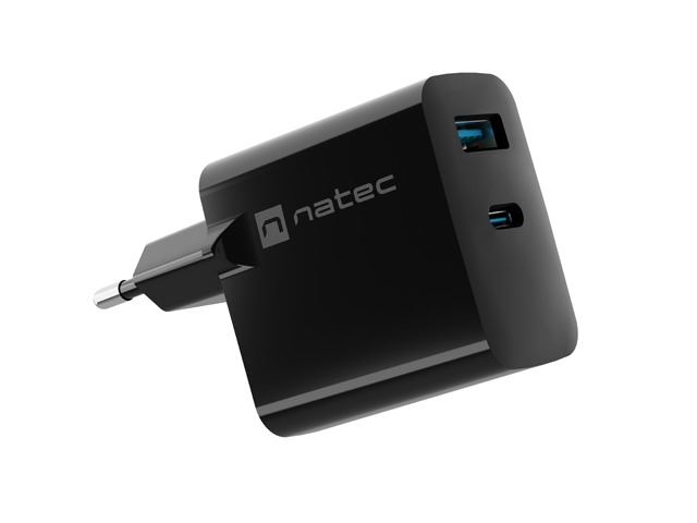 Адаптер Natec Ribera Gan 1X USB-A + 1X USB-C 65W, Black