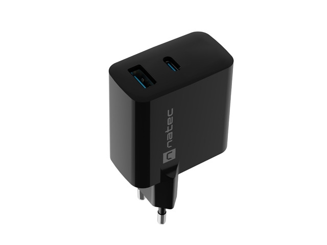 Адаптер Natec Ribera Gan 1X USB-A + 1X USB-C 65W, Black