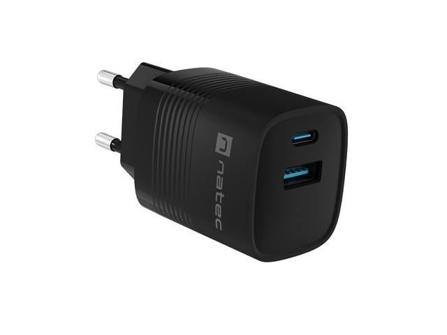 Adapter Natec Ribera Gan 1X USB-A + 1X USB-C 30W, Black