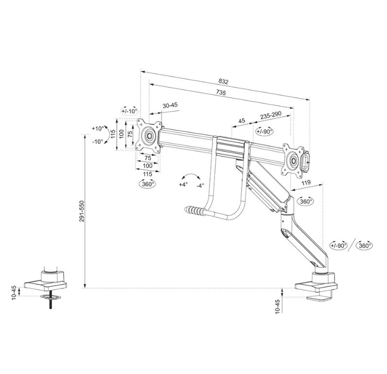 Stand Neomounts by NewStar Screen 2 screens (topfix clamp & grommet) for 2 Monitor Screens, Black