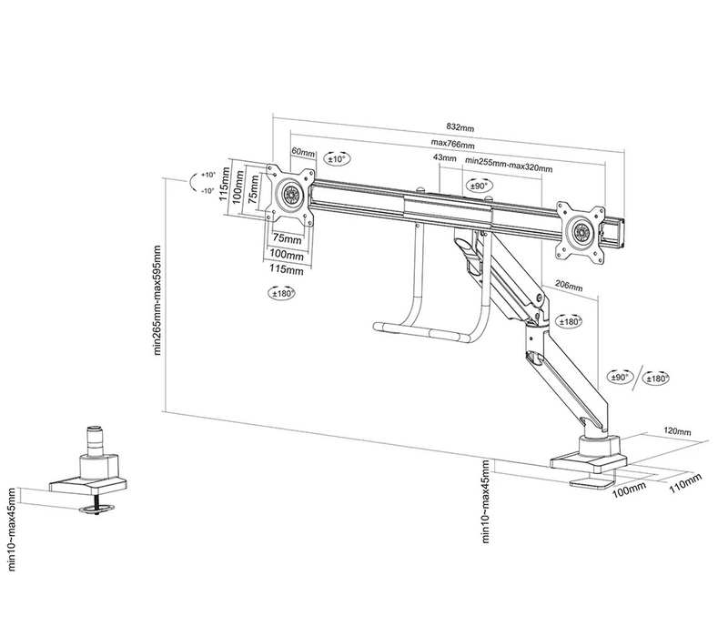Neomounts monitor arm 10-32 gas spring Topfix 180° stop
