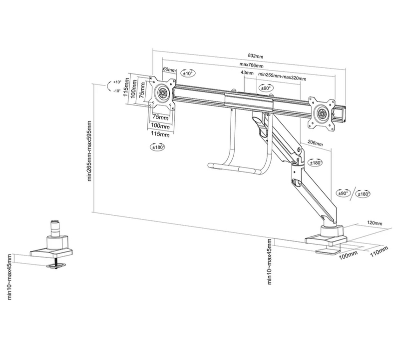 Neomounts monitor arm 10-32 gas spring Topfix 180° stop