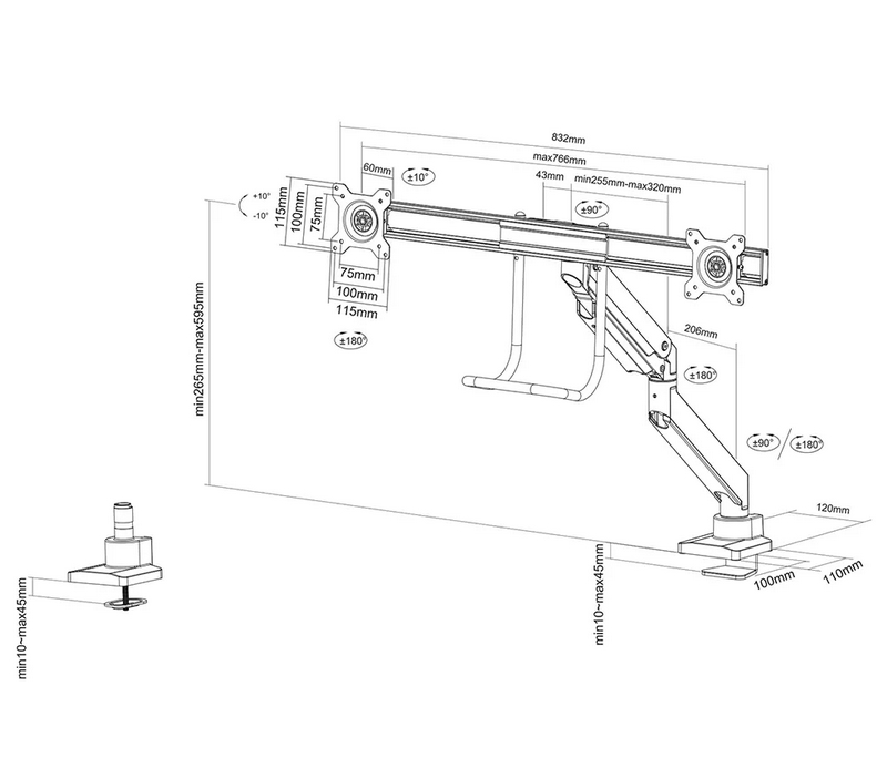 Neomounts monitor arm 10-32 gas spring Topfix 180° stop