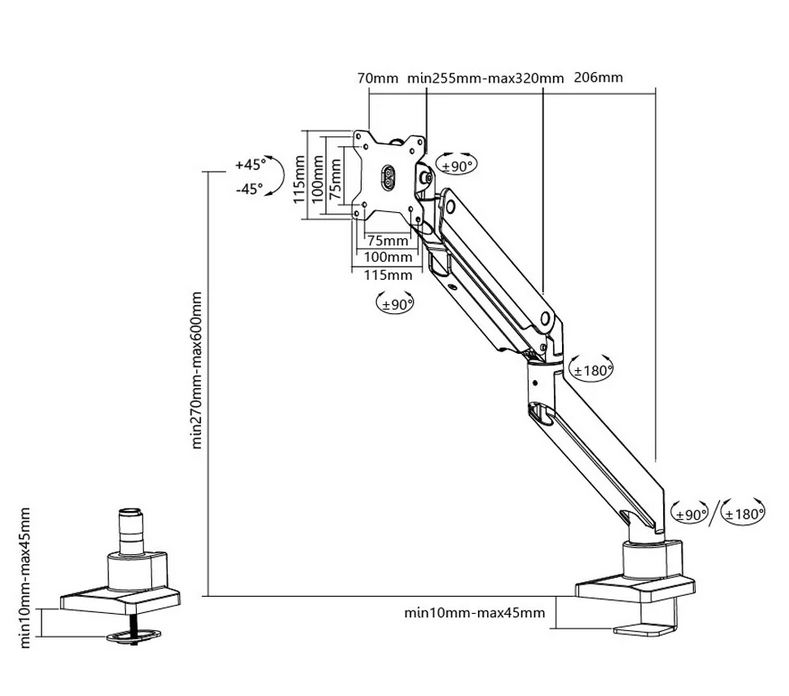 Neomounts monitor arm 10-49 gas spring Topfix 180° stop