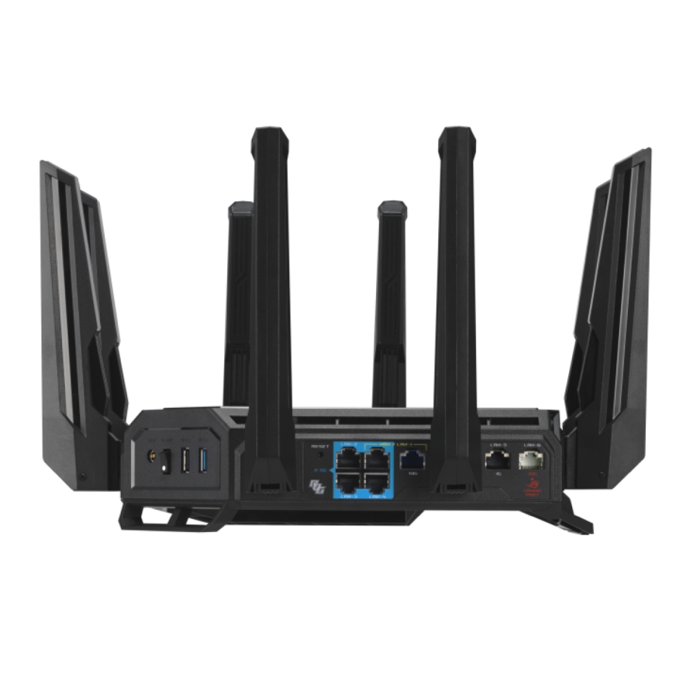 Asus ROG Rapture GT-BE98 Gaming Router Quad-Band Quad-Core 2.6GHz CPU 256MB/2GB Flash/RAM 10G Dual-Port 2.5G Port AiProtection Pro RGB Black