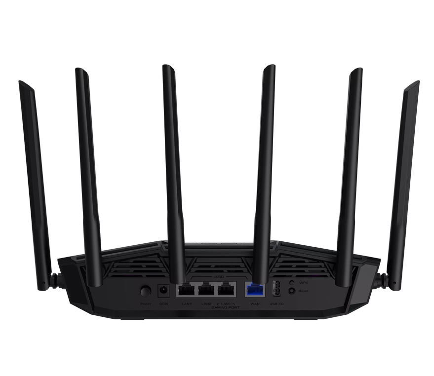 Рутер AsusTUF Gaming, BE6500 Dual Band WiFi 7 Router, 4K-QAM, Multi-Link Operation (MLO), Quad 2.5GbE port, Mobile Game Mode, Gear Accelerator, Gaming Port, Open NAT, Smart Home Master, Subscription-Free Security,  AiMesh support, 4G/5G Auto Mobile Tether