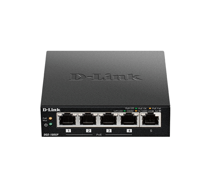 Суич D-Link 5-Port Desktop Gigabit PoE+