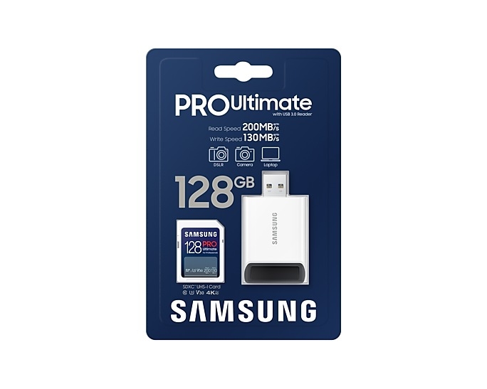 Memory Card Samsung 128GB SD PRO Ultimate USB Reader U3 V30 200MB/s read 130MB/s write