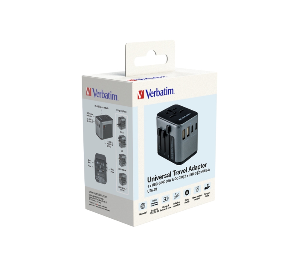 Адаптер Verbatim UTA-03 Universal Travel Adapter 1xUSB-C PD 30W & QC 3.0 / 2xUSB-C / 2xUSB-A