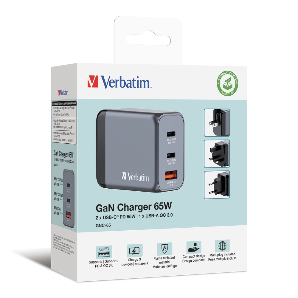 Зарядно устройство Verbatim GNC-65 GaN 3 Port 65W USB A/C