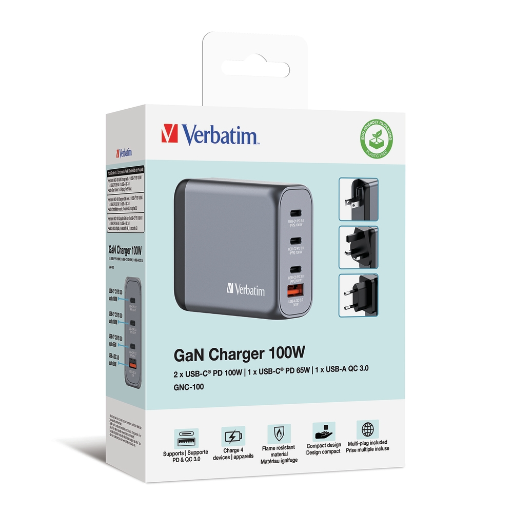Зарядно устройство Verbatim GNC-100 GaN 4 Port 100W USB A/C