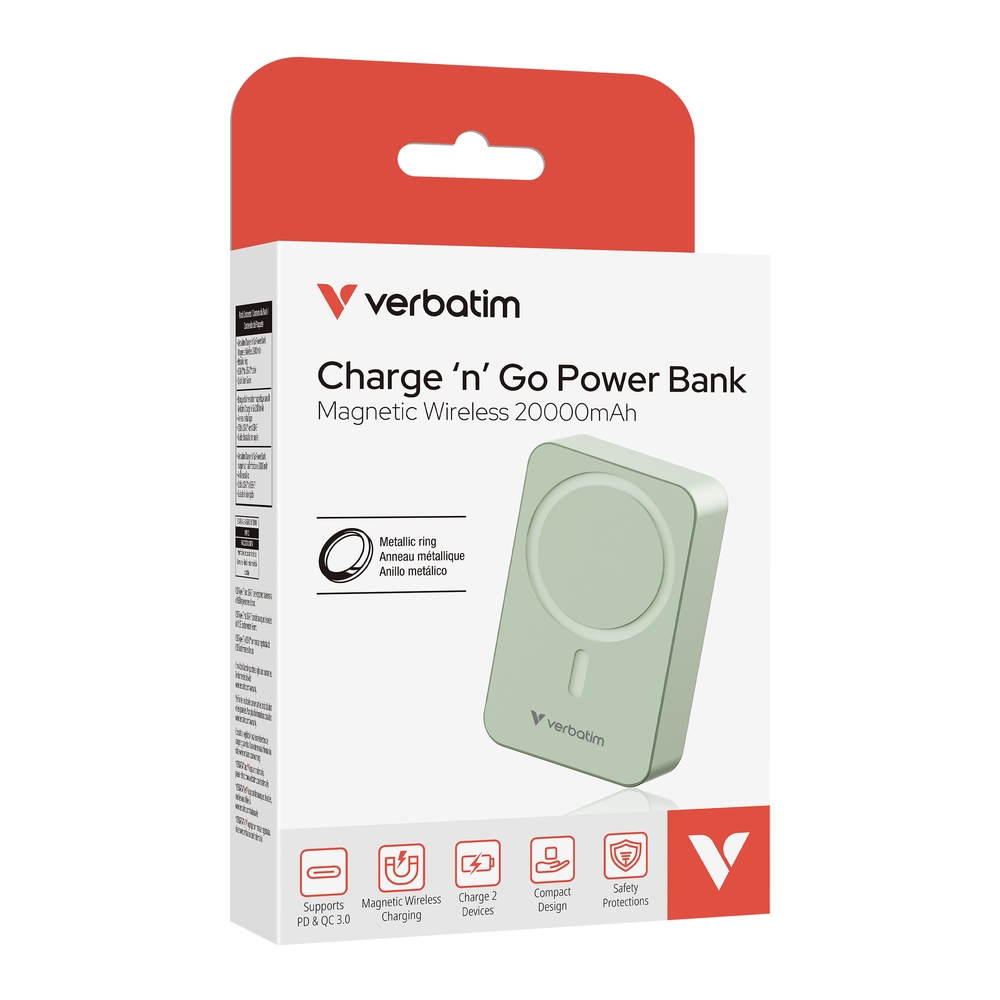 Външна батерия Verbatim Charge n Go Essentials Power Bank Magnetic Wireless 20000mAh Green