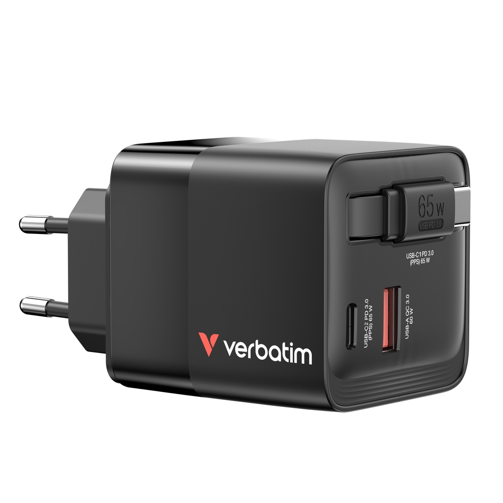 Външна батерия Verbatim Mini GaN Charger 65W 2 Port retractable cable display US plugs with EU and UK adaptors