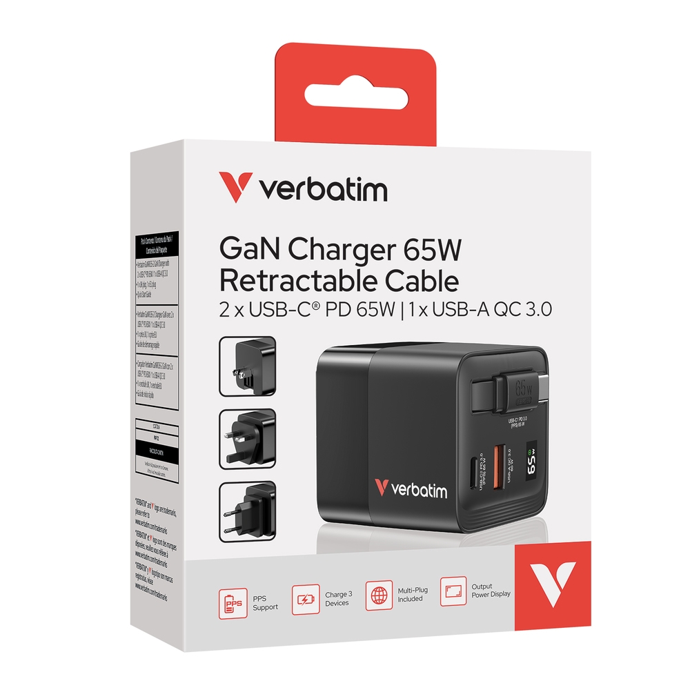 Външна батерия Verbatim Mini GaN Charger 65W 2 Port retractable cable display US plugs with EU and UK adaptors
