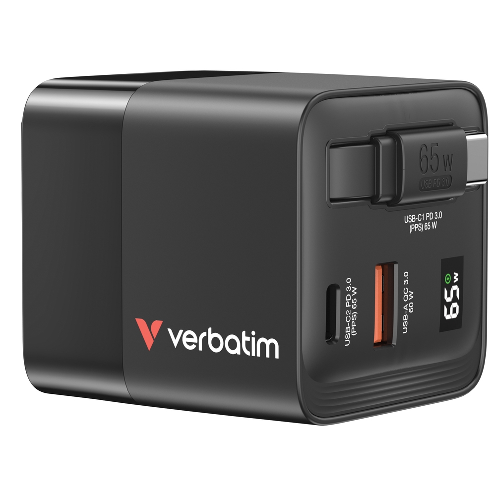 Външна батерия Verbatim Mini GaN Charger 65W 2 Port retractable cable display US plugs with EU and UK adaptors