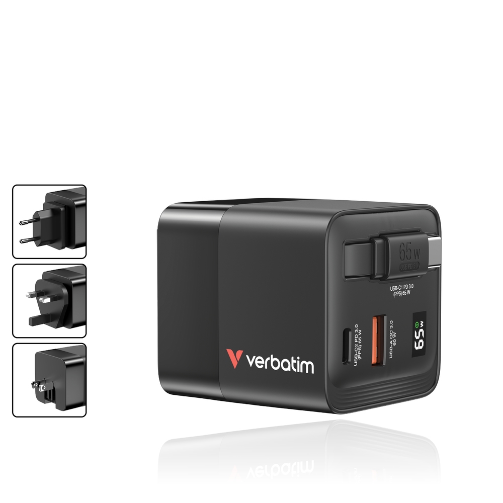 Външна батерия Verbatim Mini GaN Charger 65W 2 Port retractable cable display US plugs with EU and UK adaptors