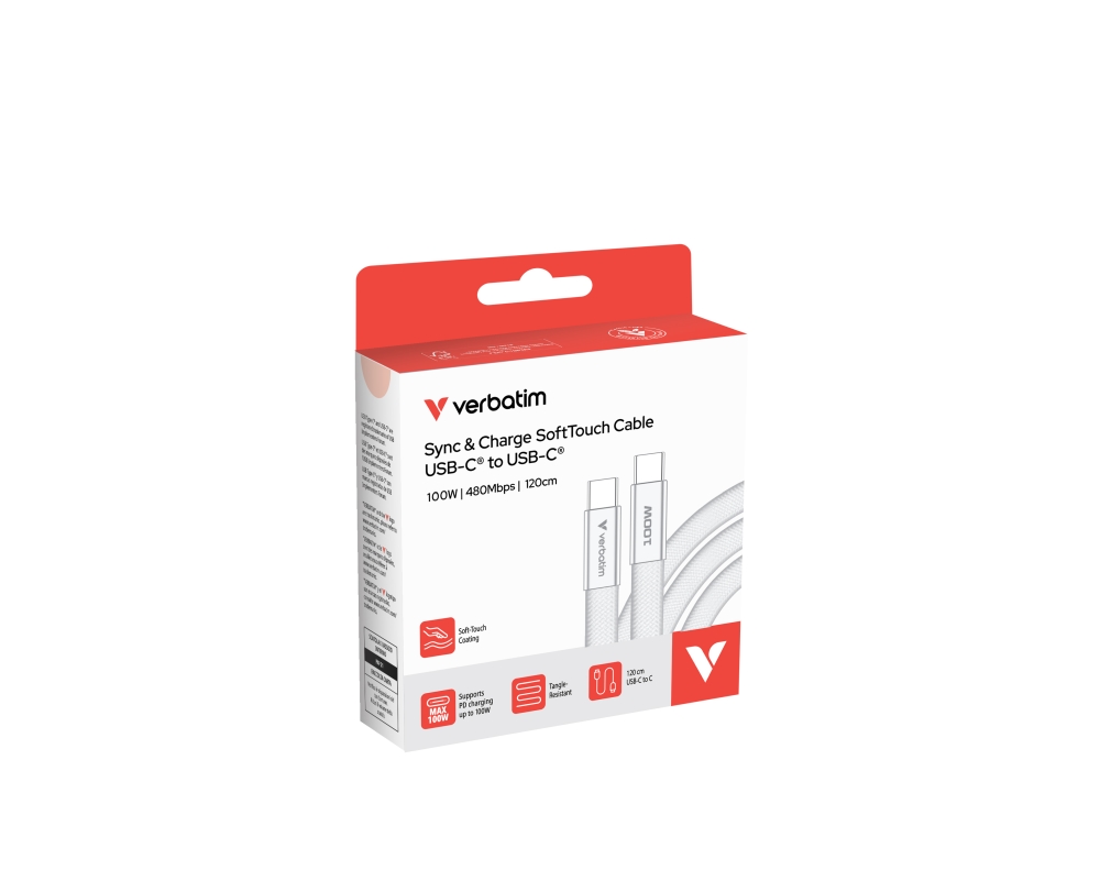 Кабел Verbatim Sync & Charge SoftTouch, USB‑C към USB‑C, 100W, 120 cm, бял