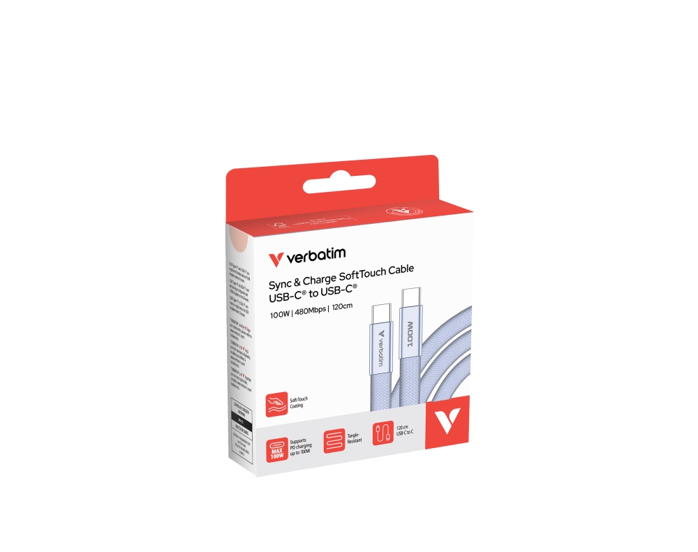 Кабел Verbatim Sync & Charge SoftTouch, USB‑C към USB‑C, 100W, 120 cm, лилав