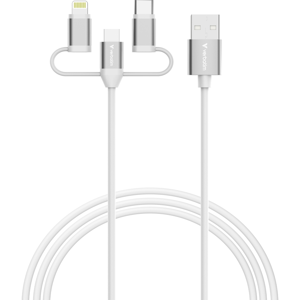 Verbatim Sync & Charge 3‑in‑1 cable, USB‑A to Micro‑B/USB‑C/Lightning, 18W, 100 cm, white