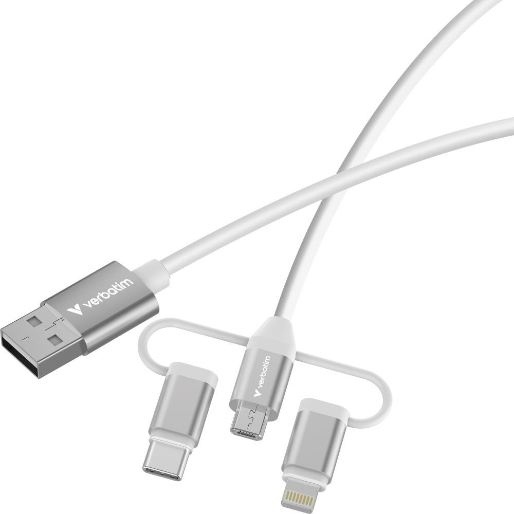 Verbatim Sync & Charge 3‑in‑1 cable, USB‑A to Micro‑B/USB‑C/Lightning, 18W, 100 cm, white