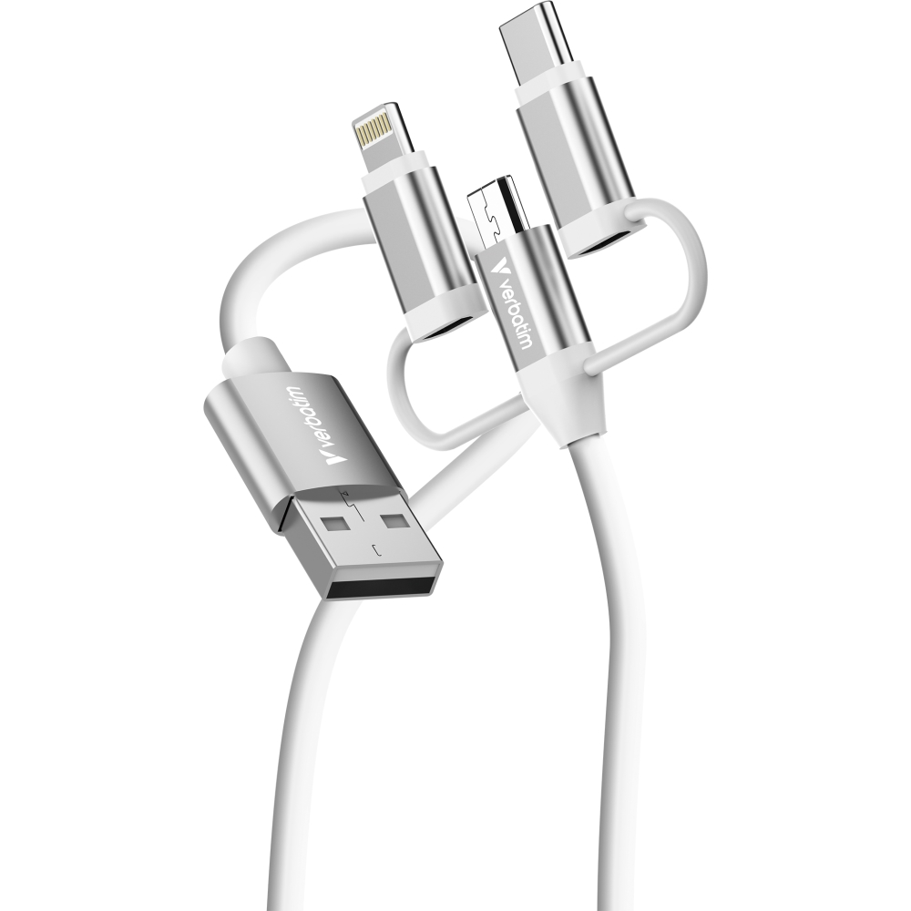 Verbatim Sync & Charge 3‑in‑1 cable, USB‑A to Micro‑B/USB‑C/Lightning, 18W, 100 cm, white