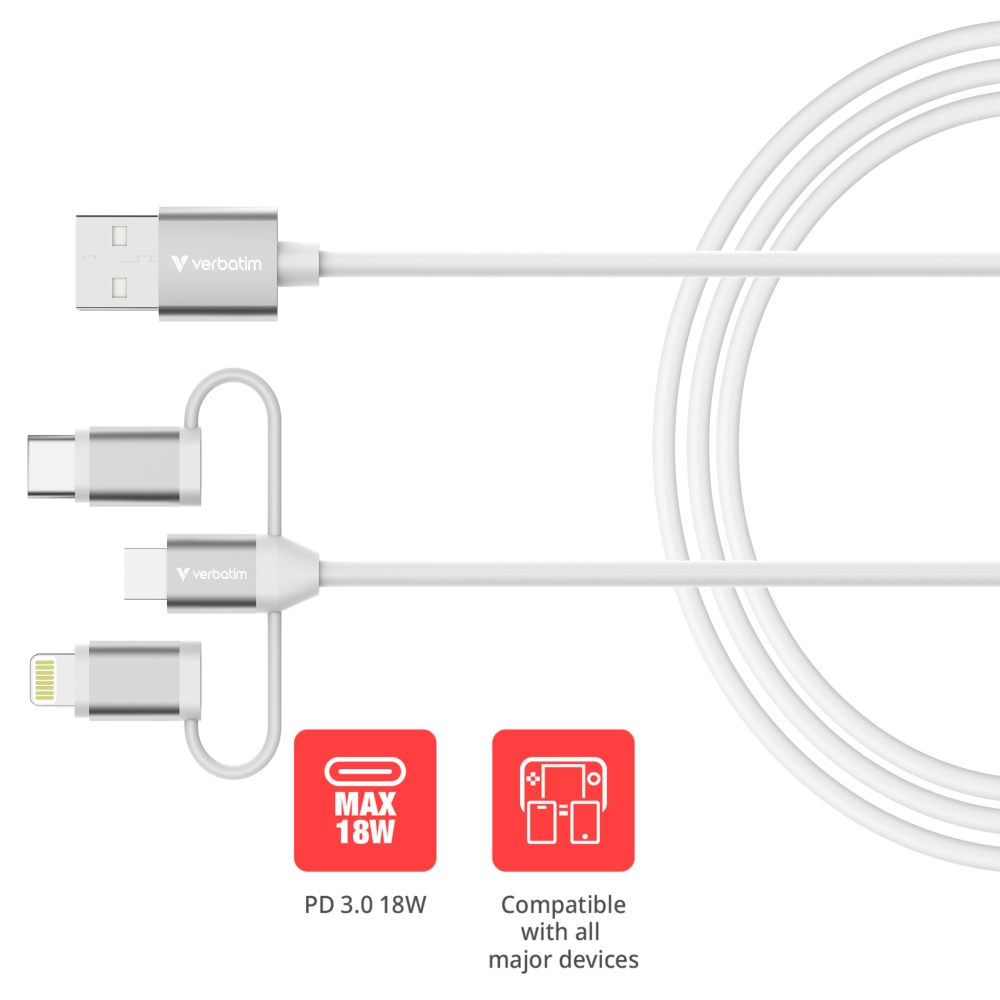 Verbatim Sync & Charge 3‑in‑1 cable, USB‑A to Micro‑B/USB‑C/Lightning, 18W, 100 cm, white