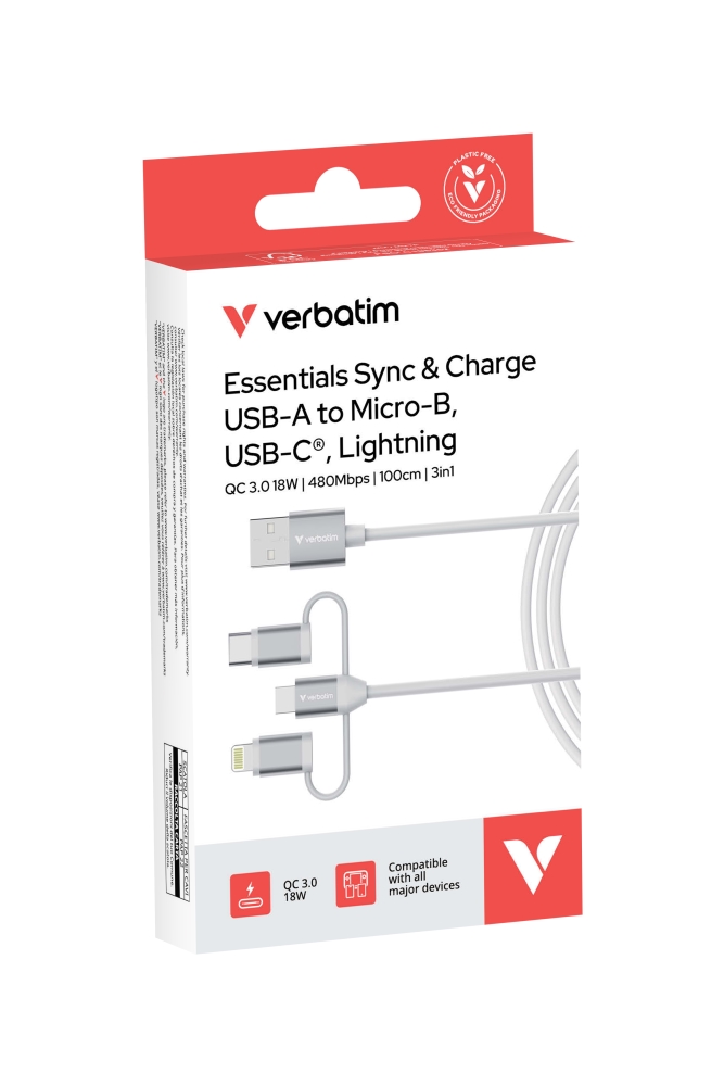 Verbatim Sync & Charge 3‑in‑1 cable, USB‑A to Micro‑B/USB‑C/Lightning, 18W, 100 cm, white
