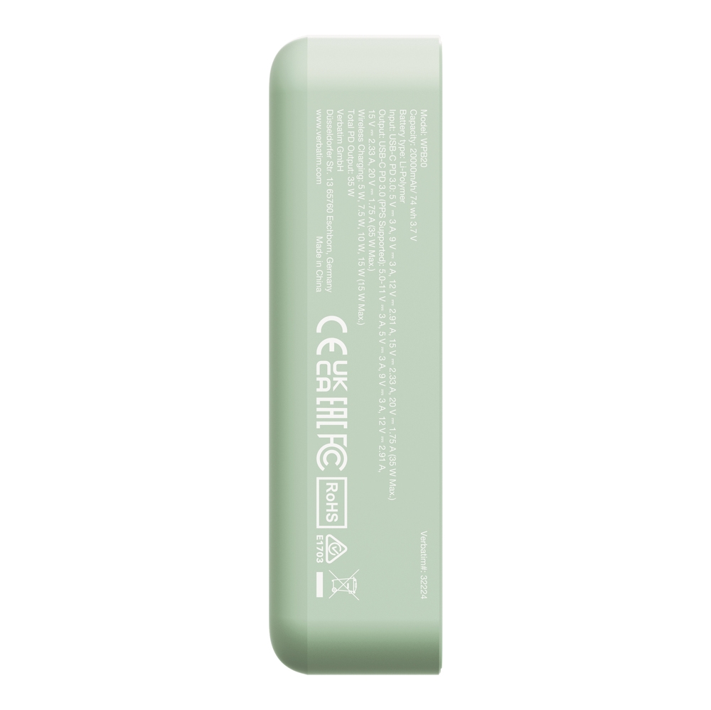 Verbatim Charge n Go Essentials Power Bank Magnetic Wireless 20000mAh Green