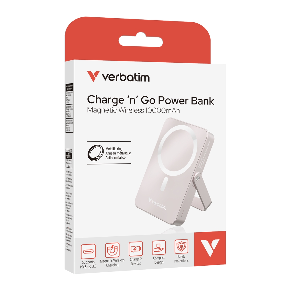 Външна батерия Verbatim Charge n Go Power Bank with Stand Magnetic Wireless 10000mAh Pink