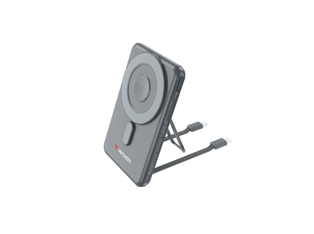 Външна батерия Verbatim Charge ‘n’ Go 2C Power Bank Magnetic Wireless 5000mAh с 2 USB‑C кабела и стойка Grey