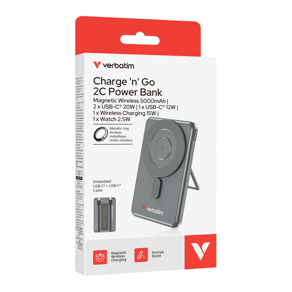 Външна батерия Verbatim Charge ‘n’ Go 2C Power Bank Magnetic Wireless 5000mAh с 2 USB‑C кабела и стойка Grey