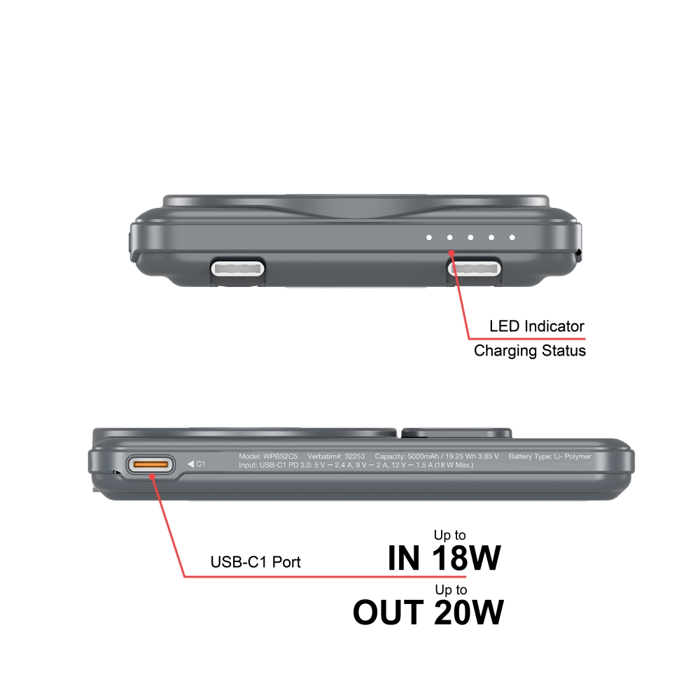 Външна батерия Verbatim Charge ‘n’ Go 2C Power Bank Magnetic Wireless 5000mAh с 2 USB‑C кабела и стойка Grey