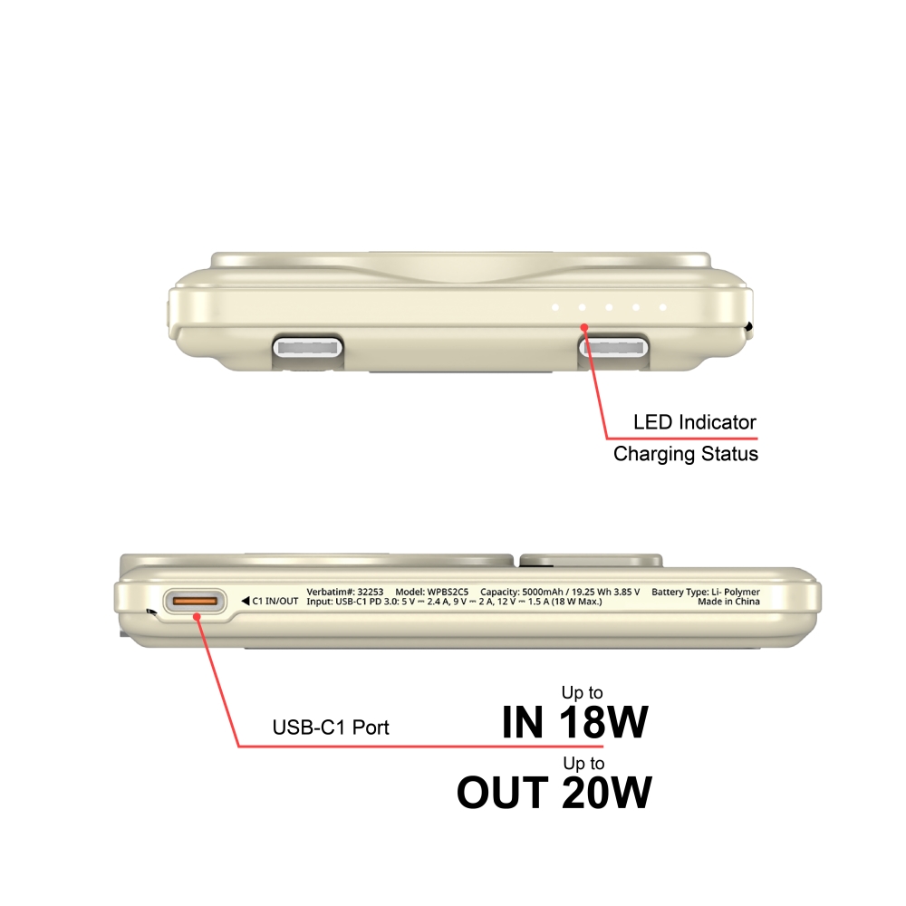 Външна батерия Verbatim Charge ‘n’ Go 2C Power Bank Magnetic Wireless 5000mAh с 2 USB‑C кабела и стойка Gold